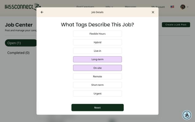 What Tags Describe This Job screen on a computer with Long-term and On-site selected