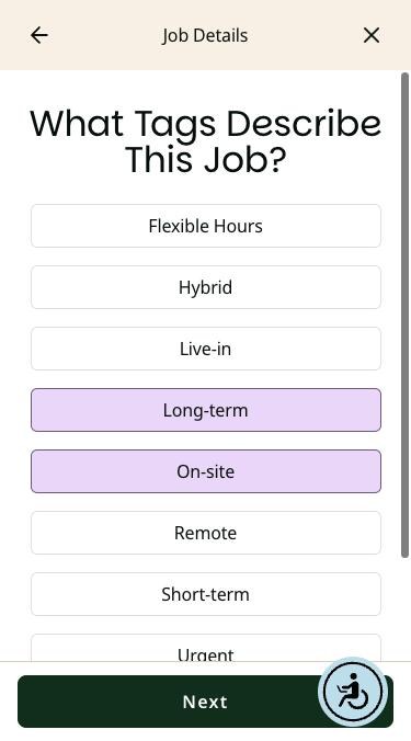 What Tags Describe This Job screen on a phone with Long-term and On-site selected