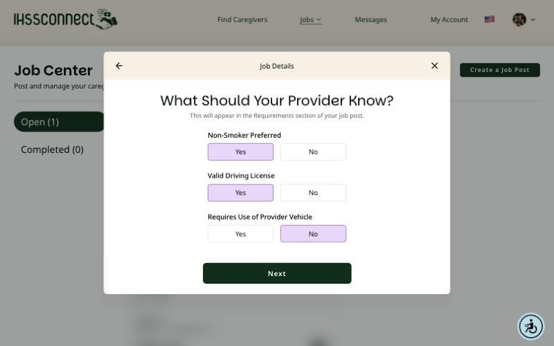 What Should Your Provider Know screen on a computer with answers for non-smoker, driving license, and provider vehicle