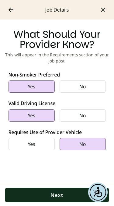 What Should Your Provider Know screen on a phone with Yes, Yes, and No selected