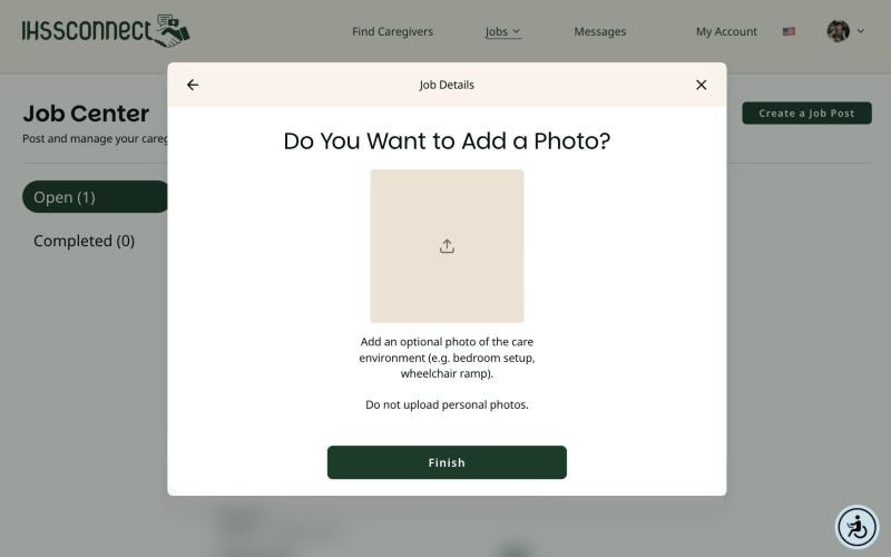 Do You Want to Add a Photo screen on a computer with an upload box and a Finish button