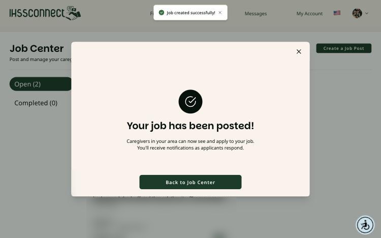 Your job has been posted confirmation message on a computer with a Back to Job Center button