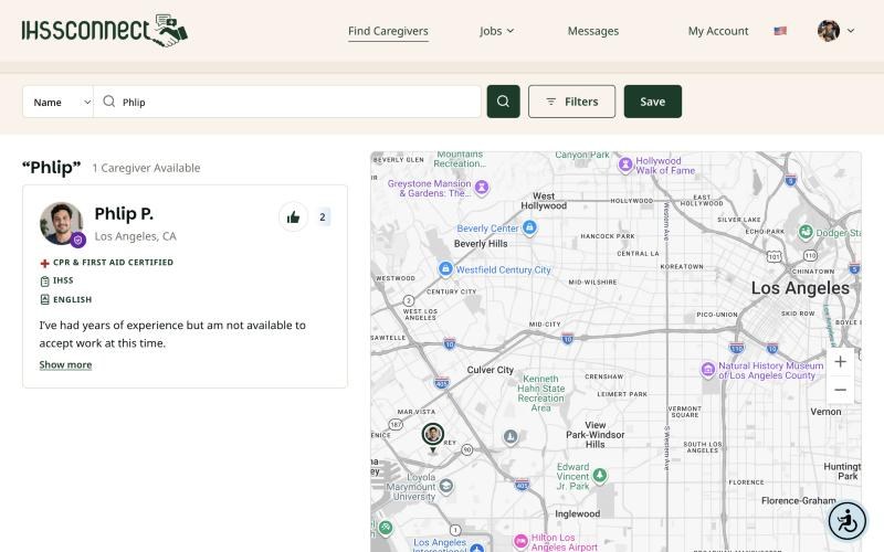 Find Caregivers on a computer with Name search for Phlip showing one result next to a map