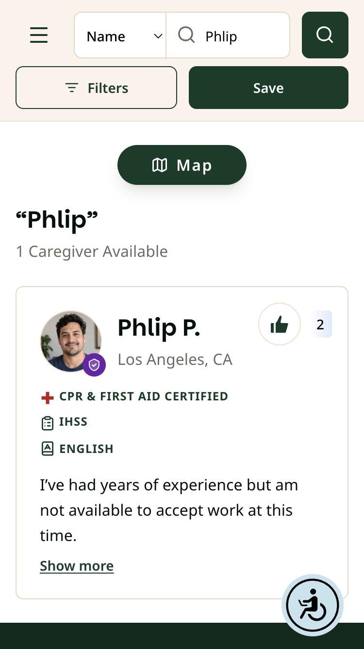 Find Caregivers on a phone with Name search for Phlip showing one result, Phlip P. in Los Angeles