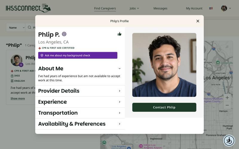 Caregiver profile for Phlip P. on a computer with profile sections and a Contact Phlip button