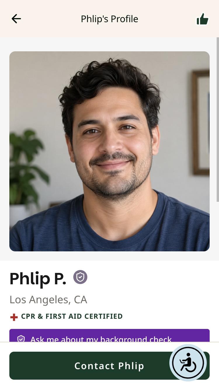 Caregiver profile for Phlip P. on a phone with a Contact Phlip button at the bottom