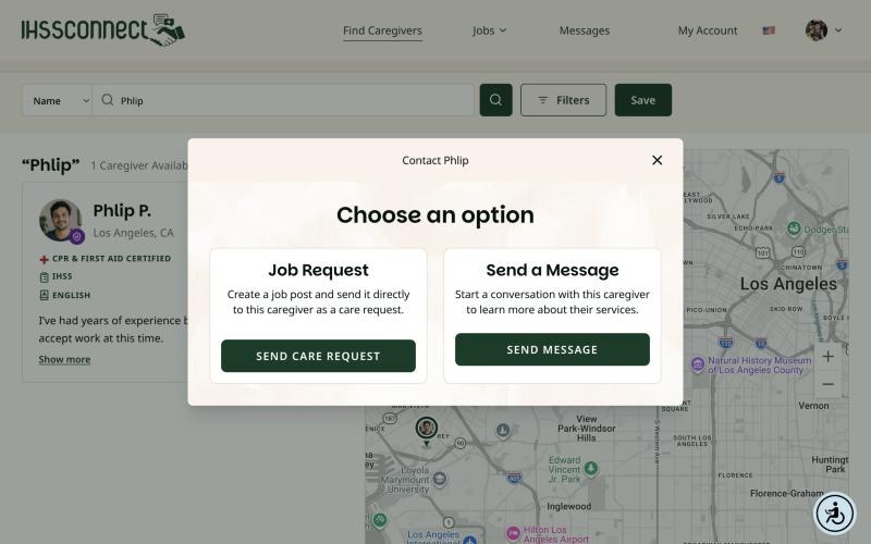 Choose an option screen on a computer with Send Care Request and Send Message buttons