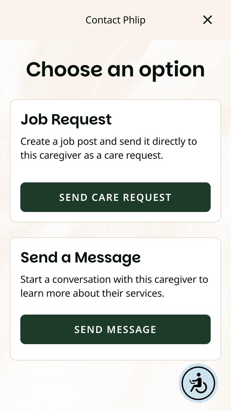 Choose an option screen on a phone with Job Request and Send a Message cards