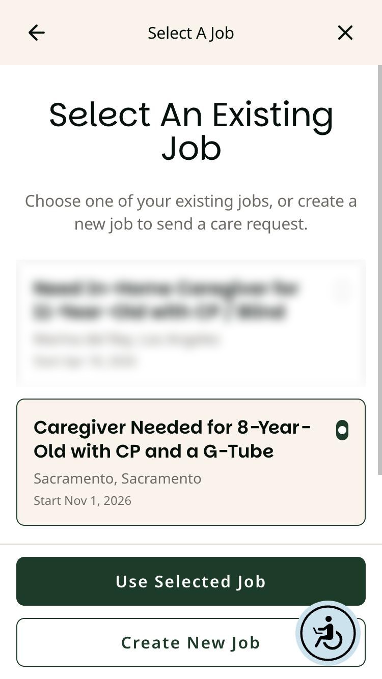 Select An Existing Job screen on a phone with the sample job selected and a Use Selected Job button