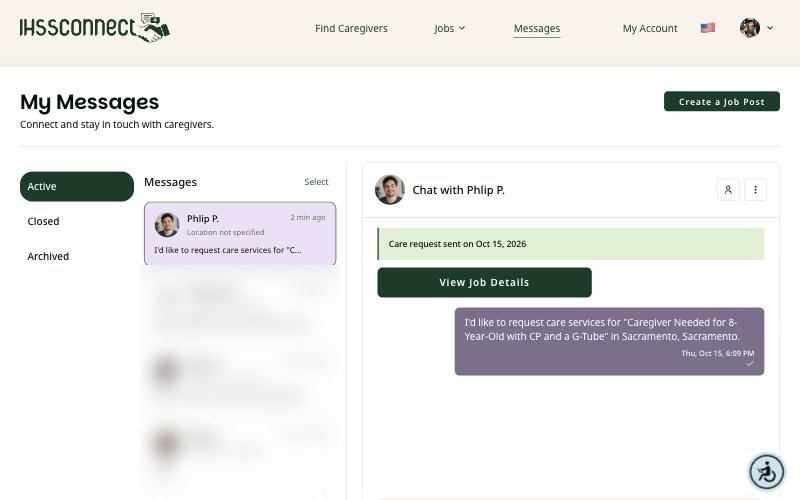 My Messages on a computer showing the care request conversation with Phlip P.