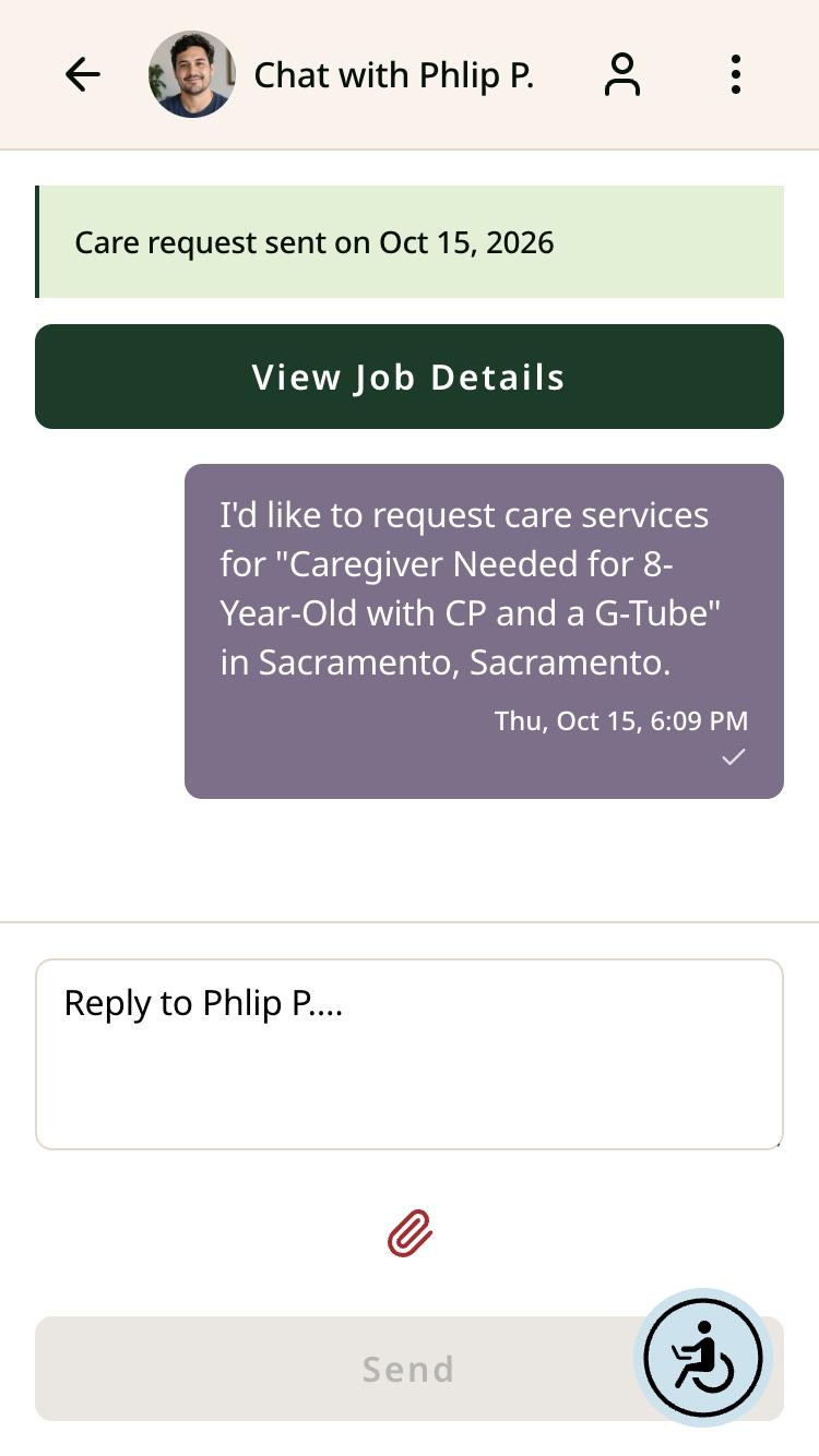 Chat with Phlip P. on a phone showing Care request sent on Oct 15, 2026 and a View Job Details button